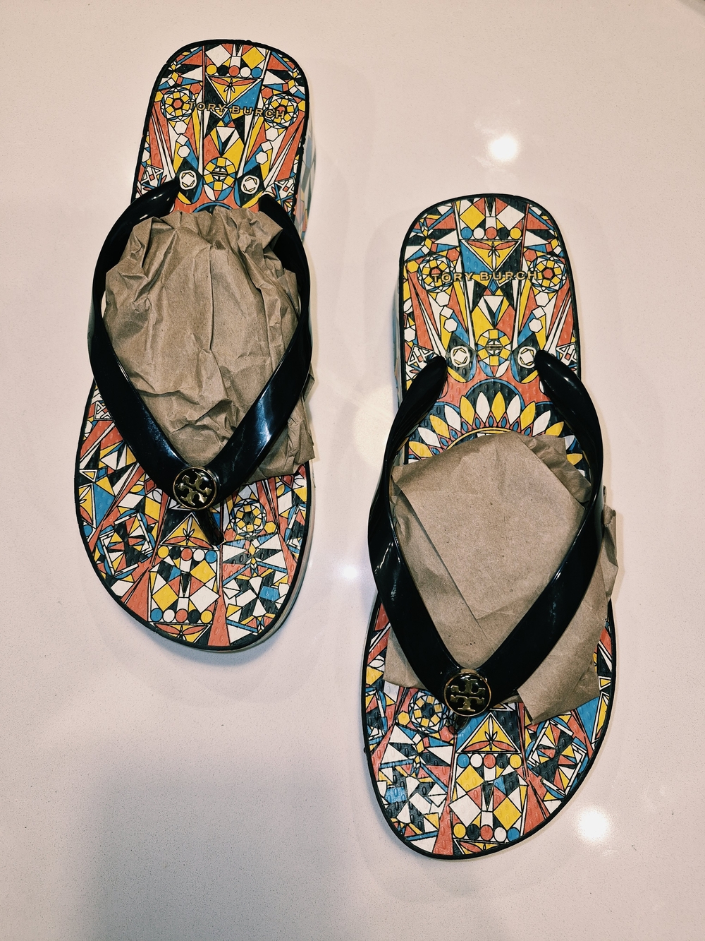 Black Patent Flip-Flop Sandals with Colorful Mosaic Footbed Size 9.5